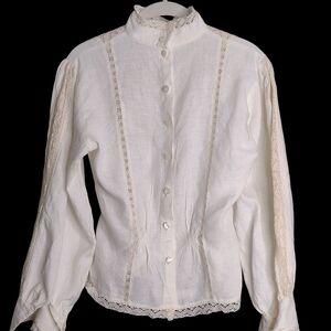 Suttles & Seawinds ivory linen blouse lace S | romantic